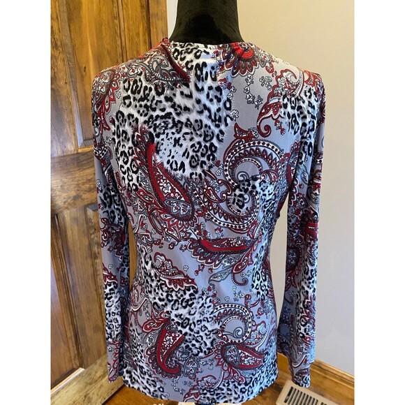 Bisou Bisou Womens Large Paisley Stretchy Black Red Bell Sleeve Boho Blouse Top - Picture 7 of 10